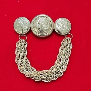 Vintage Roman Coin Drape Chain Gold Tone Brooch Pin
